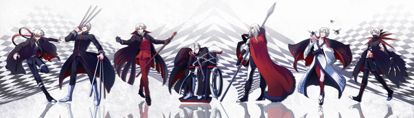 6+boys absurdres aged_up alter_servant bandages between_fingers black_keys_(type-moon) bug cane cape chains checkered_background commentary_request crest_worm cross cross_earrings dagger dark_persona earrings emiya_kiritsugu facial_hair fate/zero fate_(series) formal gloves goatee gun handgun highres holding japanese_clothes jewelry kayneth_el-melloi_archibald kimono knife kotomine_kirei lord_el-melloi_ii male_focus mask matou_kariya multiple_boys polearm red_eyes scalpel spear suit thompson/center_contender tohsaka_tokiomi uryuu_ryuunosuke waver_velvet weapon wheelchair white_hair yukihime_(mofumofu2225)