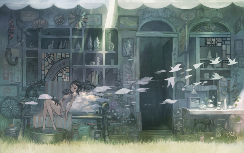 apple barefoot bird black_hair book cloud commentary_request female food fruit grass long_hair md5_mismatch original paper_airplane resolution_mismatch scenery sitting soaking_feet solo source_larger water yoshiku_(oden-usagi)