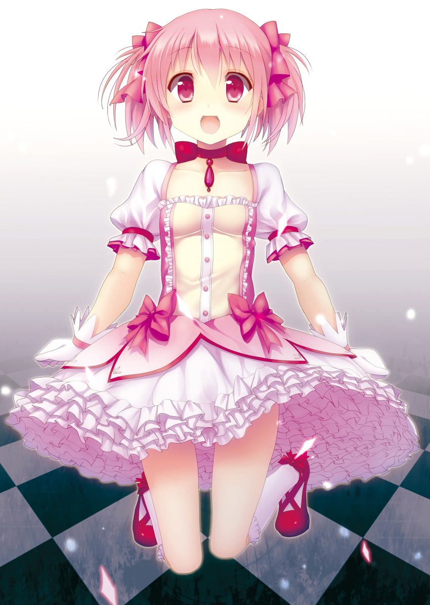 absurdres blush bow bubble_skirt checkered_floor choker collarbone commentary_request dress female gloves hairbow harapeko_(sabernoahoge) highres kaname_madoka kaname_madoka_(magical_girl) kneehighs magical_girl mahou_shoujo_madoka_magica mahou_shoujo_madoka_magica_(anime) open_mouth pink_eyes pink_hair short_hair short_sleeves short_twintails skirt smile socks solo twintails white_gloves white_socks