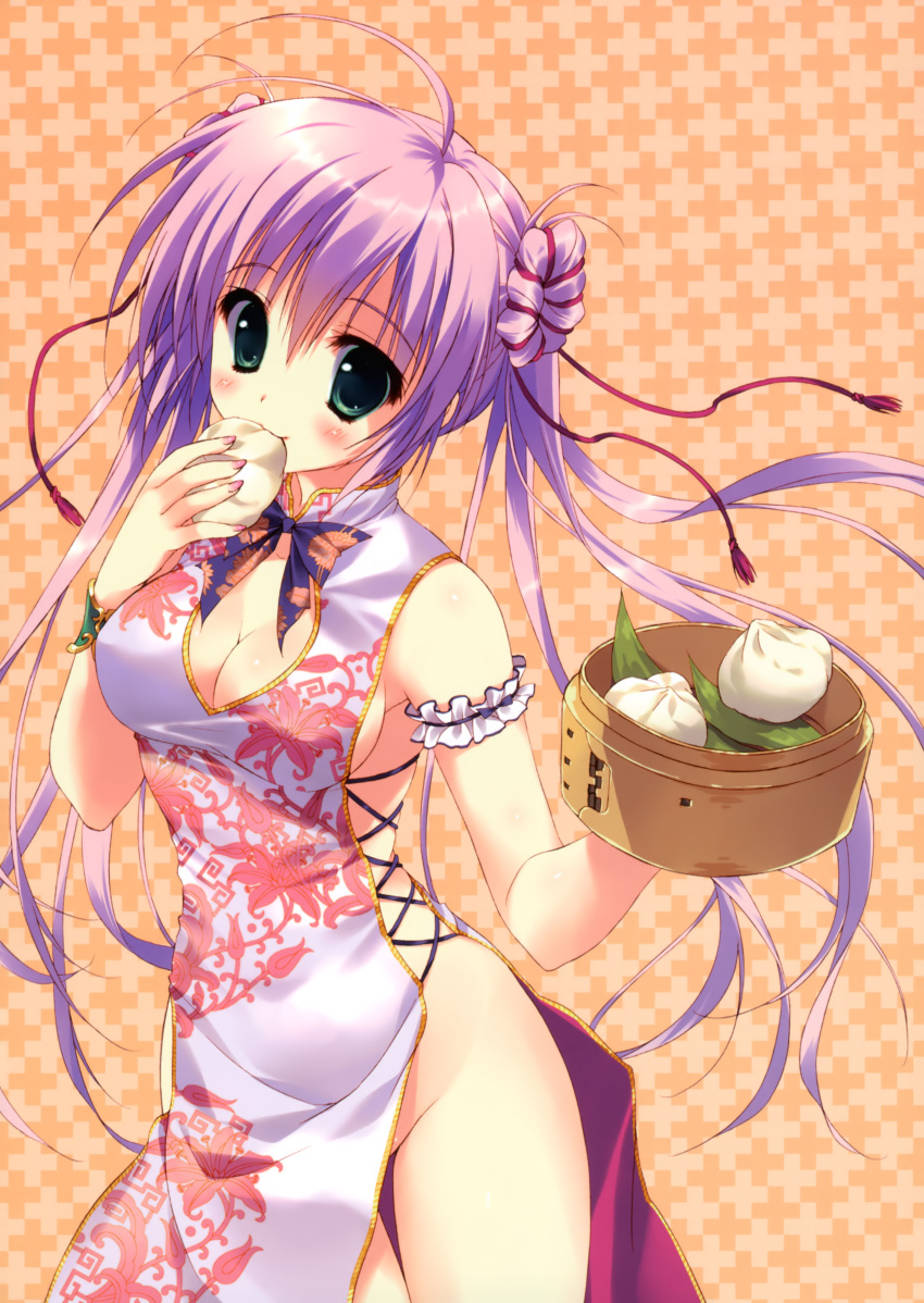 absurdres ahoge armband bamboo_steamer baozi blush breasts china_dress chinese_clothes cleavage donut-ko_(ryouka) double_bun doughnut_hair_bun dress duplicate eating female food green_eyes groin hair_bun highres holding long_hair looking_at_viewer medium_breasts no_bra no_panties original purple_hair ryouka_(suzuya) scan solo twintails