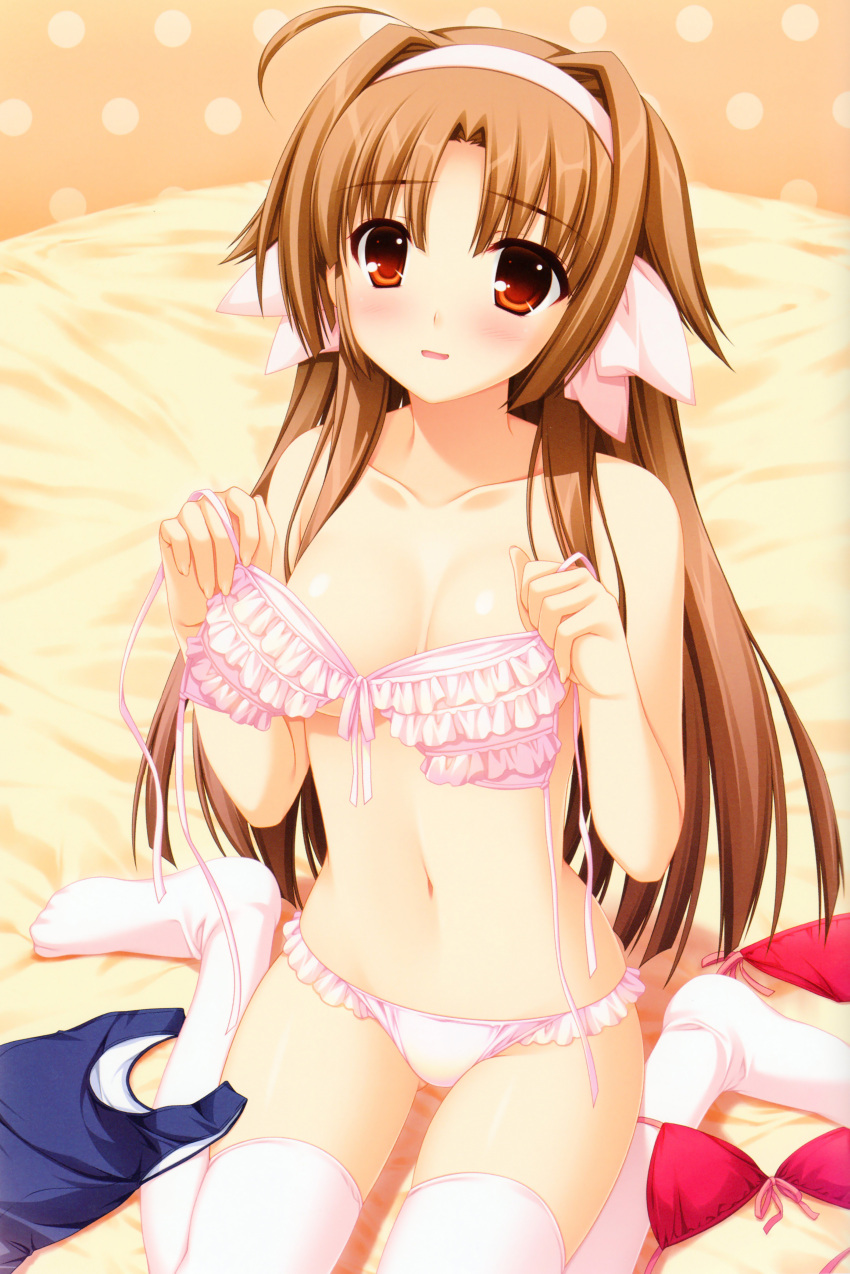 absurdres ahoge alpha_(yukai_na_nakamatachi) bare_shoulders bikini blush breasts brown_hair cleavage collarbone female fingernails frilled_bikini frills front-tie_top hair_intakes hairband highres long_fingernails long_hair looking_at_viewer medium_breasts navel orange_eyes photoshop_(medium) pink_bikini pink_thighhighs red_bikini saika_miina scan school_swimsuit sharin_no_kuni_yuukyuu_no_shounenshoujo shiny_skin sitting skindentation solo string_bikini swimsuit thighhighs wariza