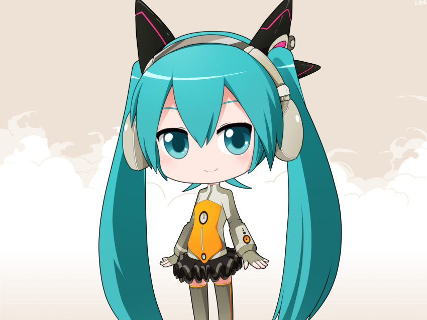 aqua_eyes aqua_hair bad_id bad_pixiv_id chibi female hatsune_miku headset heartbeat_(module) highres long_hair odds_&_ends_(vocaloid) project_diva_(series) project_diva_f skirt smile solo thighhighs twintails ume_(rabbit_punch) vocaloid