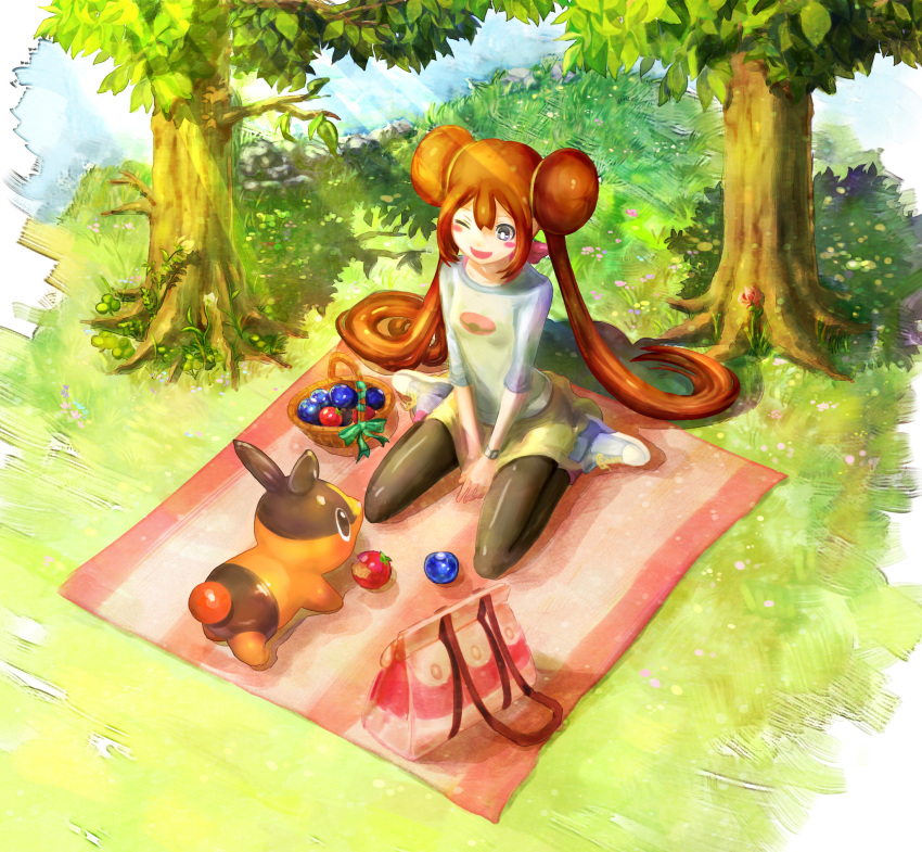 bag blue_eyes blush_stickers brown_hair commentary_request double_bun female flower food fruit grass hair_bun highres long_hair one_eye_closed pantyhose photoshop_(medium) piggy pokemon pokemon_(creature) pokemon_bw2 raglan_sleeves rosa_(pokemon) sitting skirt smile tepig tree twintails wariza