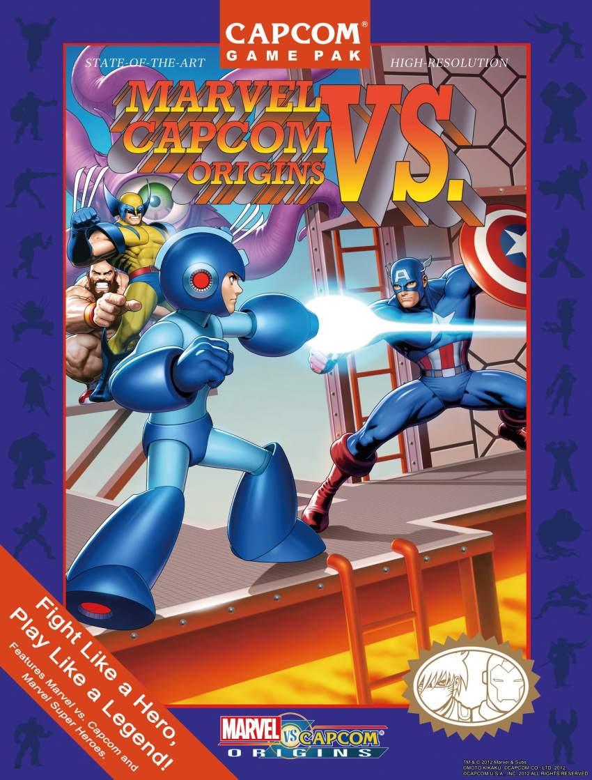 1980s_(style) 4boys arm_cannon capcom captain_america chun-li cover english_text fake_cover highres ladder lava marvel marvel_vs._capcom mega_man_(character) mega_man_(classic) mega_man_(series) mori_toshiaki multiple_boys official_art parody retro_artstyle shield shuma_gorath silhouette steve_rogers street_fighter strider_(video_game) strider_hiryuu video_game_cover weapon wolverine_(x-men) x-men zangief