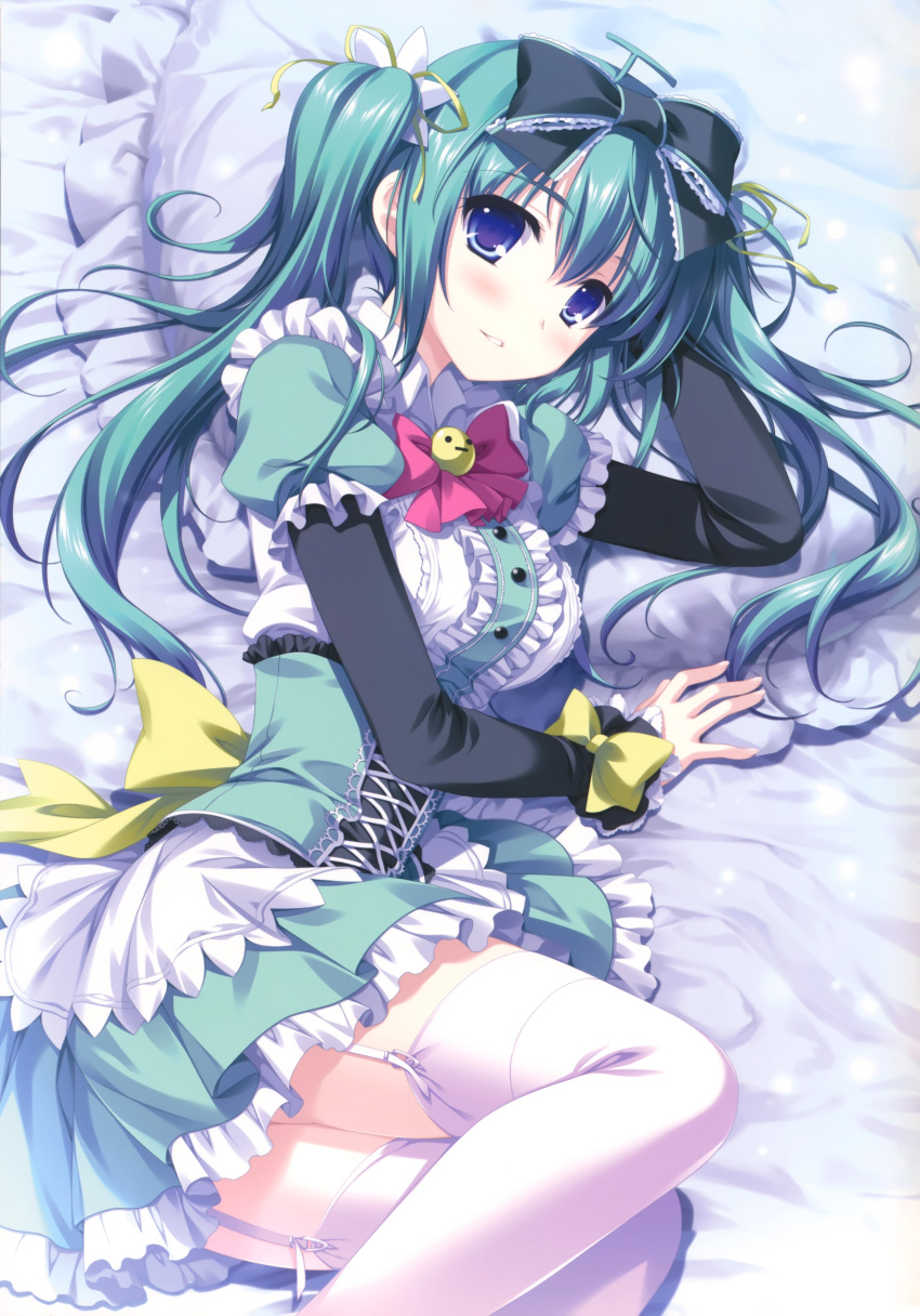 absurdres alpha_(yukai_na_nakamatachi) blue_eyes bow female garter_straps green_hair green_skirt hairbow highres lying mascot melon-chan melonbooks pillow skirt thighhighs twintails white_legwear yellow_bow