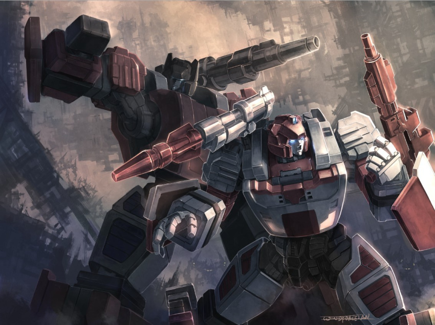 1980s_(style) autobot battle cannon commentary cybertron decepticon gun mecha missile no_humans realistic red_alert_(transformers) retro_artstyle rifle robot ruins science_fiction sideswipe transformers transformers:_generation_1 weapon windforcelan