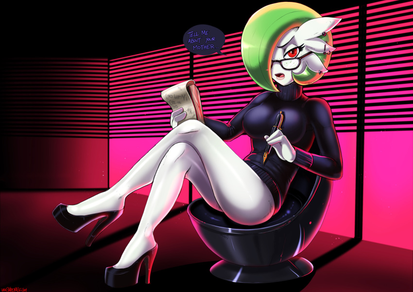 1girls anthro crossed_legs earrings female female_gardevoir female_only gardevoir glasses green_hair high_heels nintendo open_mouth pokemon pokemon_rse red_eyes shadman short_hair sitting solo speech_bubble sweater text therapist thighs turtleneck white_skin