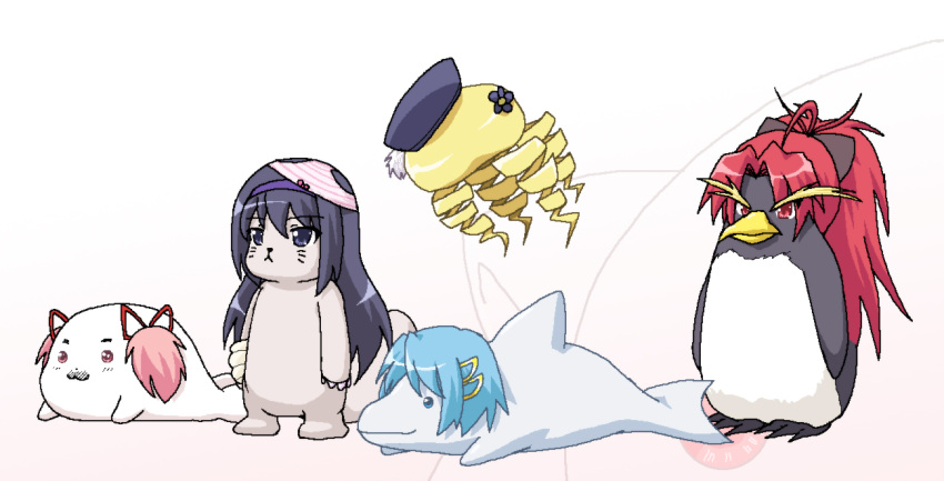 akemi_homura animalization bird commentary_request dolphin gomadoka hair_ribbon hayashiya_zankurou jellyfish kaname_madoka kyuubee long_hair mahou_shoujo_madoka_magica mahou_shoujo_madoka_magica_(anime) miki_sayaka no_humans object_on_head otter penguin pink_hair ribbon sakura_kyoko seal_(animal) short_twintails tomoe_mami twintails