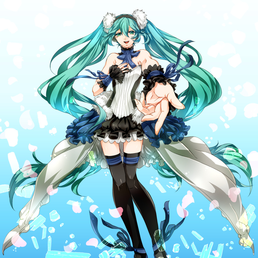 7th_dragon_(series) 7th_dragon_2020 aqua_eyes aqua_hair bare_shoulders commentary_request female foreshortening hatsune_miku highres long_hair looking_at_viewer nagi117 partial_commentary reaching solo thighhighs twintails very_long_hair vocaloid wrist_cuffs zettai_ryouiki