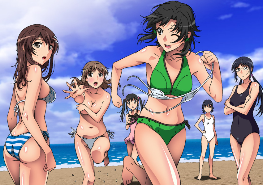 6+girls ass beach bikini black_hair breasts brown_hair character_request covering covering_breasts female large_breasts long_hair masaki_nonoka mound_of_venus multiple_girls muroto_aki navel niimi_haruka_(photokano) ocean one-piece_swimsuit photokano rudoni running sakura_mai_(photokano) sanehara_hikari short_hair standing summer swimsuit topless yunoki_rina