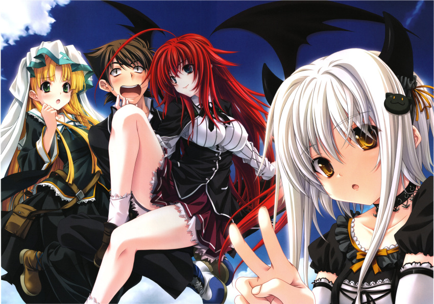 1boy 3girls absurdres asia_argento blonde_hair high_school_dxd highres hyoudou_issei multiple_girls red_hair rias_gremory toujou_koneko v white_hair