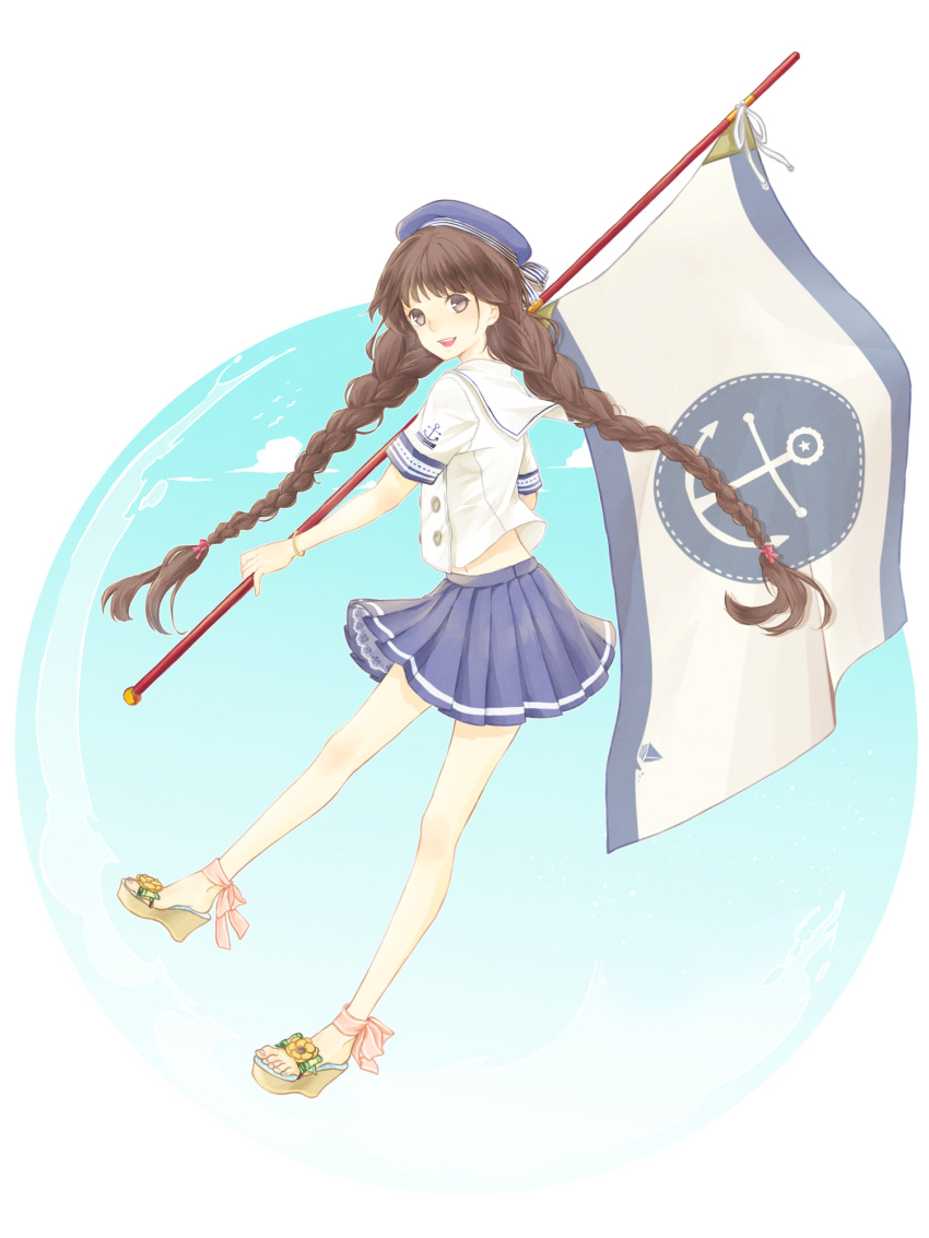 ankle_ribbon anklet bad_id bad_pixiv_id bracelet braid brown_eyes brown_hair female flag hat highres jewelry kei_(k_tmr) leg_ribbon long_hair midriff miniskirt nail_polish original ribbon sailor sandals skirt smile toenail_polish toenails twin_braids very_long_hair