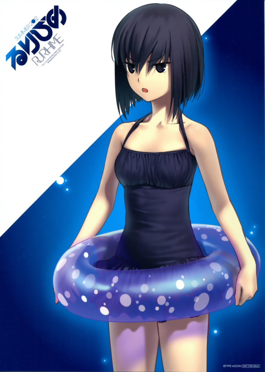 :o absurdres black_eyes black_hair casual_one-piece_swimsuit female frilled_one-piece_swimsuit frills halterneck highres innertube koyama_hirokazu kuonji_alice mahou_tsukai_no_yoru one-piece_swimsuit open_mouth polka_dot short_hair solo swim_ring swimsuit v-shaped_eyebrows watermark