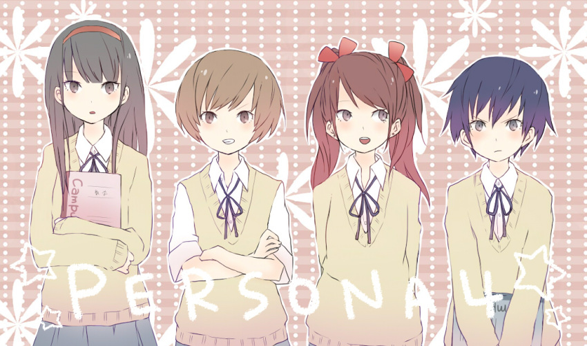 4girls amagi_yukiko bad_id bad_pixiv_id black_hair blue_eyes blue_hair book brown_eyes brown_hair crossed_arms grin kujikawa_rise multiple_girls persona persona_4 satonaka_chie school_uniform shirogane_naoto sleeves_rolled_up smile sweater sweater_vest tonyjeff