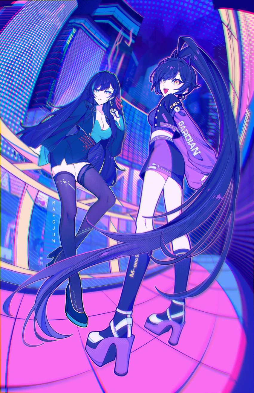 2girls absurdres against_railing artist_name asymmetrical_bangs black_footwear black_hair black_thighhighs blue_eyes breasts cleavage commentary cropped_jacket cross-laced_clothes cross-laced_skirt earrings fisheye high-waist_skirt high_heels high_ponytail highres jewelry kneehighs lin_(tower_of_fantasy) long_hair looking_at_viewer maegjuw multiple_girls neon_palette open_mouth parted_lips pencil_skirt railing saki_fuwa_(tower_of_fantasy) sidelocks skirt socks standing teeth thighhighs tower_of_fantasy twitter_username upper_teeth_only vaporwave very_long_hair yellow_eyes