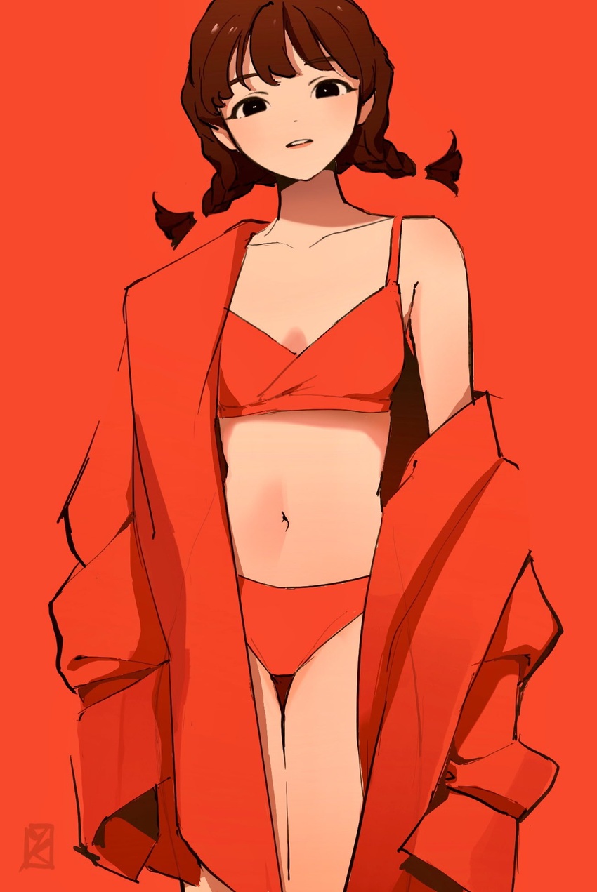 bikini bikini_under_clothes blending braid brown_hair coat coat_partially_removed collarbone female highres kimura_731 looking_at_viewer navel orange_background orange_bikini orange_coat orange_theme original simple_background single_bare_shoulder sleeves_past_fingers sleeves_past_wrists solo swimsuit thigh_gap twin_braids