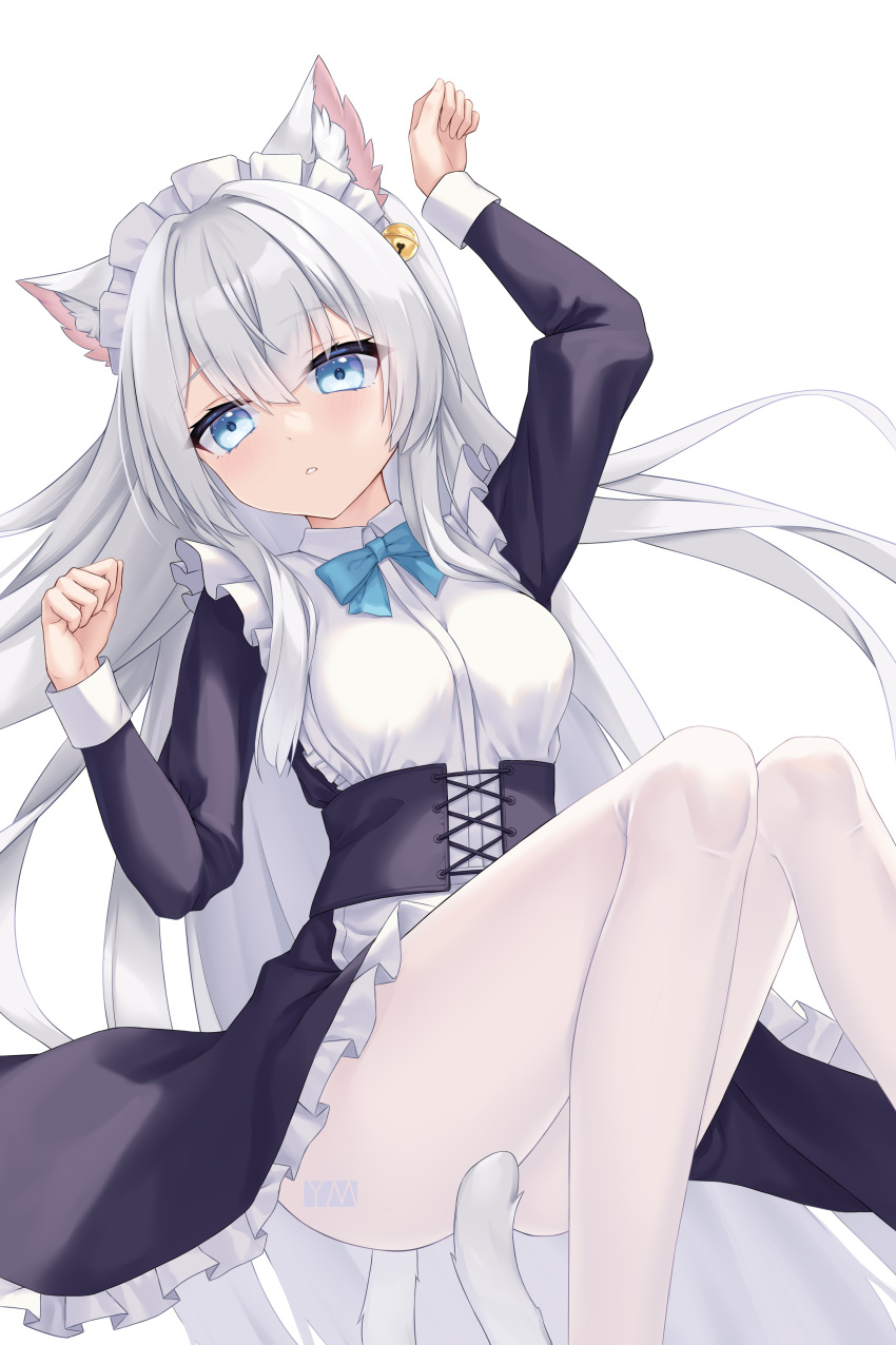 :o absurdres animal_ear_fluff animal_ears bad_id bad_pixiv_id bell black_dress blue_bow blue_bowtie blue_eyes bow bowtie cat_ears cat_girl cat_tail chucolala collared_dress dress feet_out_of_frame female hair_bell hair_between_eyes hair_ornament hair_strand highres jawr8473 knees_up long_hair long_sleeves looking_at_viewer maid maid_headdress pantyhose parted_lips paw_pose shirayuki_aria sidelocks signature simple_background solo tail tail_censor teeth very_long_hair virtual_youtuber white_background white_dress white_hair white_pantyhose