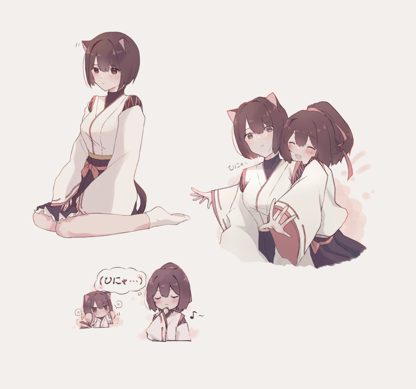 2girls absurdres animal_ears bad_id bad_pixiv_id black_shirt blush brown_eyes brown_hair brown_skirt cat_ears cat_tail closed_eyes closed_mouth eighth_note grey_background hair_between_eyes highres hyuuga_(kancolle) ise_(kancolle) japanese_clothes kantai_collection kazeshio multiple_girls multiple_views musical_note nontraditional_miko open_mouth ponytail shirt short_hair simple_background skirt smile socks tail thought_bubble undershirt white_legwear wide_sleeves