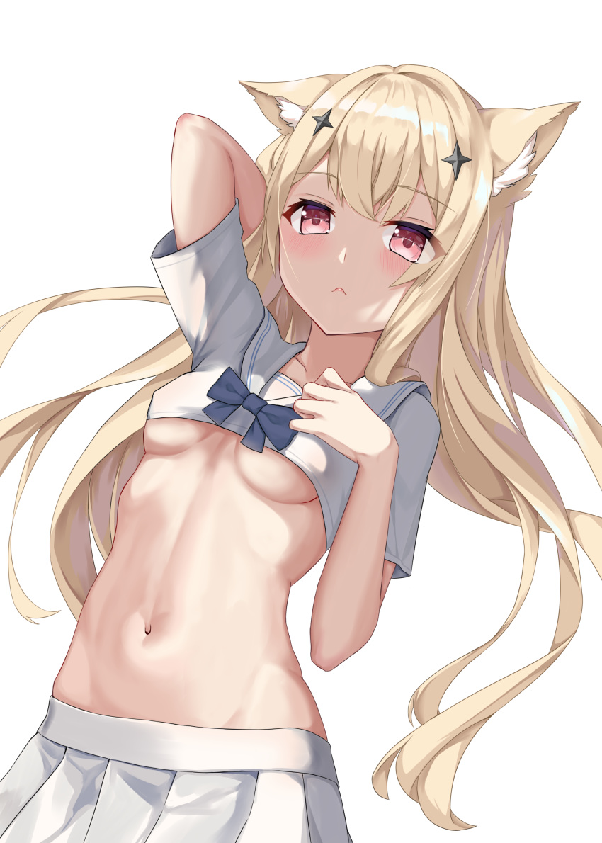 :< absurdres animal_ear_fluff animal_ears arm_behind_head arm_up bad_id bad_pixiv_id blonde_hair blue_bow blue_bowtie blush bow bowtie breasts chucolala collarbone cowboy_shot crop_top eyes_visible_through_hair female hair_between_eyes hair_ornament hand_on_own_chest hand_up highres jawr8473 long_hair looking_at_viewer navel pleated_skirt red_eyes sailor_collar sailor_shirt shirt short_sleeves simple_background skirt solo stomach suzumiya_rin transparent_background underboob upper_body virtual_youtuber white_shirt white_skirt