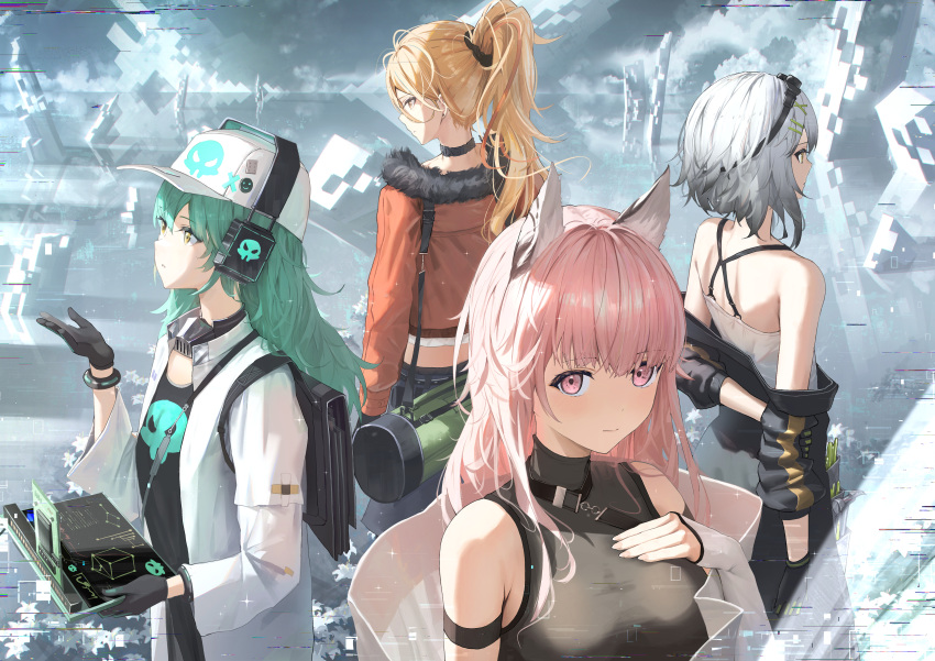 4girls absurdres animal_ears antonina_(neural_cloud) arm_behind_back bare_shoulders baseball_cap black_bag black_choker black_gloves black_jacket black_shirt blonde_hair blunt_bangs bracelet breasts cat_ears choker closed_mouth commentary_request cropped_jacket croque_(neural_cloud) earrings facing_away from_behind fur-trimmed_jacket fur_trim girls'_frontline girls'_frontline_neural_cloud gloves green_hair grey_hair hair_between_eyes hand_on_own_chest hand_up hat headphones hidulume highres holding jacket jewelry large_breasts light_blush long_hair long_sleeves looking_at_viewer looking_to_the_side looking_up multiple_girls orange_jacket persicaria_(neural_cloud) pink_hair ponytail shirt short_hair sleeveless sleeves_past_wrists sol_(neural_cloud) stud_earrings upper_body white_headwear white_jacket yellow_eyes