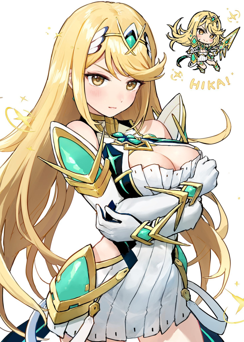 bare_legs bare_shoulders blonde_hair blush breasts chest_jewel chibi cleavage cleavage_cutout clothing_cutout crossed_arms dress earrings elbow_gloves female gloves highres jewelry large_breasts long_hair looking_at_viewer mythra_(xenoblade) short_dress smile solo sparkle swept_bangs takeashiro tiara very_long_hair white_dress white_gloves xenoblade_chronicles_(series) xenoblade_chronicles_2 yellow_eyes