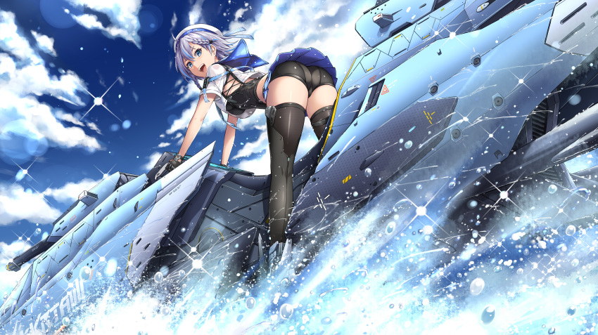 absurdres aether_gazer ass black_thighhighs blue_eyes braid breasts day female fish.boy grey_hair hat highres jet_ski looking_at_viewer medium_breasts multicolored_hair open_mouth outdoors pleated_skirt short_hair shorts shorts_under_skirt skadi_(aether_gazer) skirt solo streaked_hair thighhighs twin_braids water