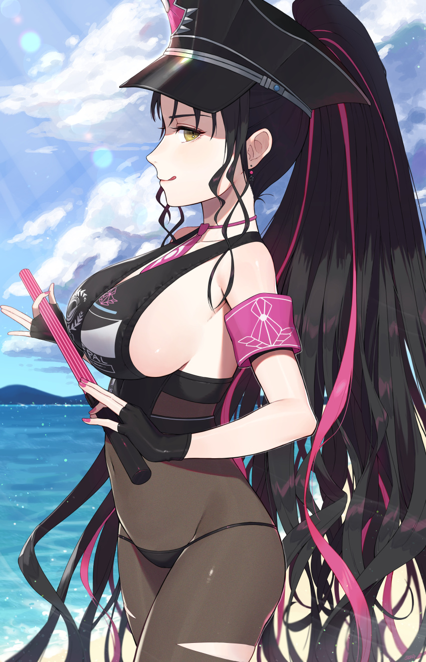 :q absurdres armband bare_shoulders beach bikini black_bikini black_gloves black_hair black_hat black_legwear breasts closed_mouth cloud cloudy_sky commentary covered_navel cowboy_shot day earrings fate/grand_order fate_(series) female fingerless_gloves from_side gloves hat high-waist_pantyhose high_ponytail highres holding jewelry large_breasts lens_flare long_hair looking_at_viewer looking_to_the_side multicolored_hair nail_polish ocean outdoors pantyhose peaked_cap pink_hair pink_nails sessyoin_kiara sessyoin_kiara_(swimsuit_mooncancer) sessyoin_kiara_(swimsuit_mooncancer)_(second_ascension) shibainu sideboob sidelocks sky smile solo swimsuit tongue tongue_out torn_clothes torn_pantyhose traffic_baton two-tone_hair very_long_hair water yellow_eyes