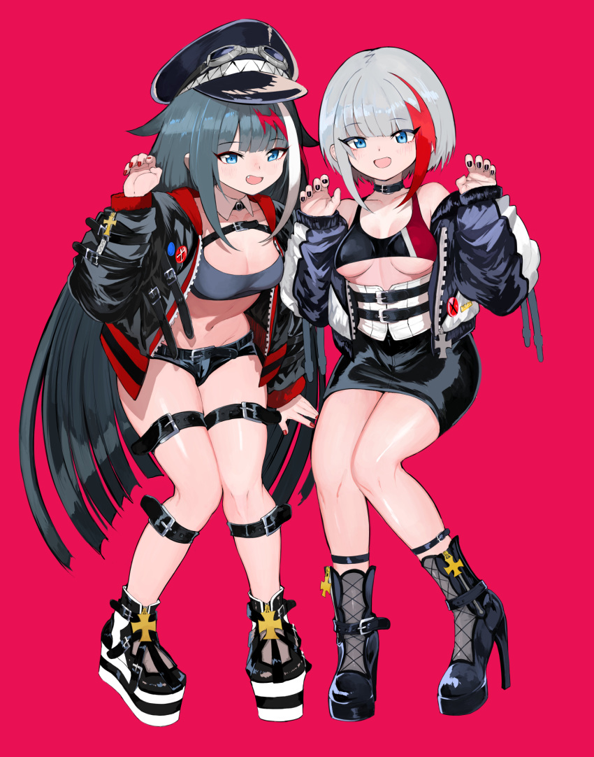 2girls admiral_graf_spee_(azur_lane) alternate_costume azur_lane bad_id bad_pixiv_id badge black_choker black_hair black_nails blue_eyes blunt_bangs blush boots breasts button_badge choker claw_pose cleavage commentary_request corset detached_collar deutschland_(azur_lane) grey_hair high_heel_boots high_heels highres jacket knees_together_feet_apart leaning_forward long_hair looking_at_viewer medium_breasts midriff multiple_girls nail_polish navel open_mouth platform_boots platform_footwear red_background red_nails short_hair simple_background smile takeakigaku thigh_strap underboob very_long_hair zipper