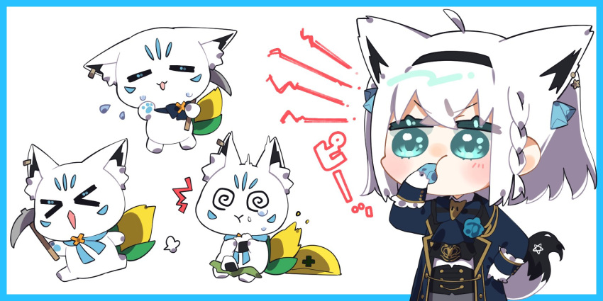 >_< @_@ ^^^ ahoge animal_ear_fluff animal_ears ascot asphyxiation blowing_whistle blue_ascot blue_jacket border braid bunbun_(bn_bn) chibi choking_on_object commentary_request corset earrings female food fox_ears fox_girl fox_tail gloves green_eyes grey_skirt hair_between_eyes helmet highres holding holding_pickaxe hololive jacket jewelry official_alternate_costume onigiri open_clothes open_jacket pentagram pickaxe shirakami_fubuki shirakami_fubuki_(aristocrat_kei) shirt short_hair sidelocks simple_background single_braid skirt sukonbu_(shirakami_fubuki) tail virtual_youtuber white_background white_gloves white_hair white_shirt