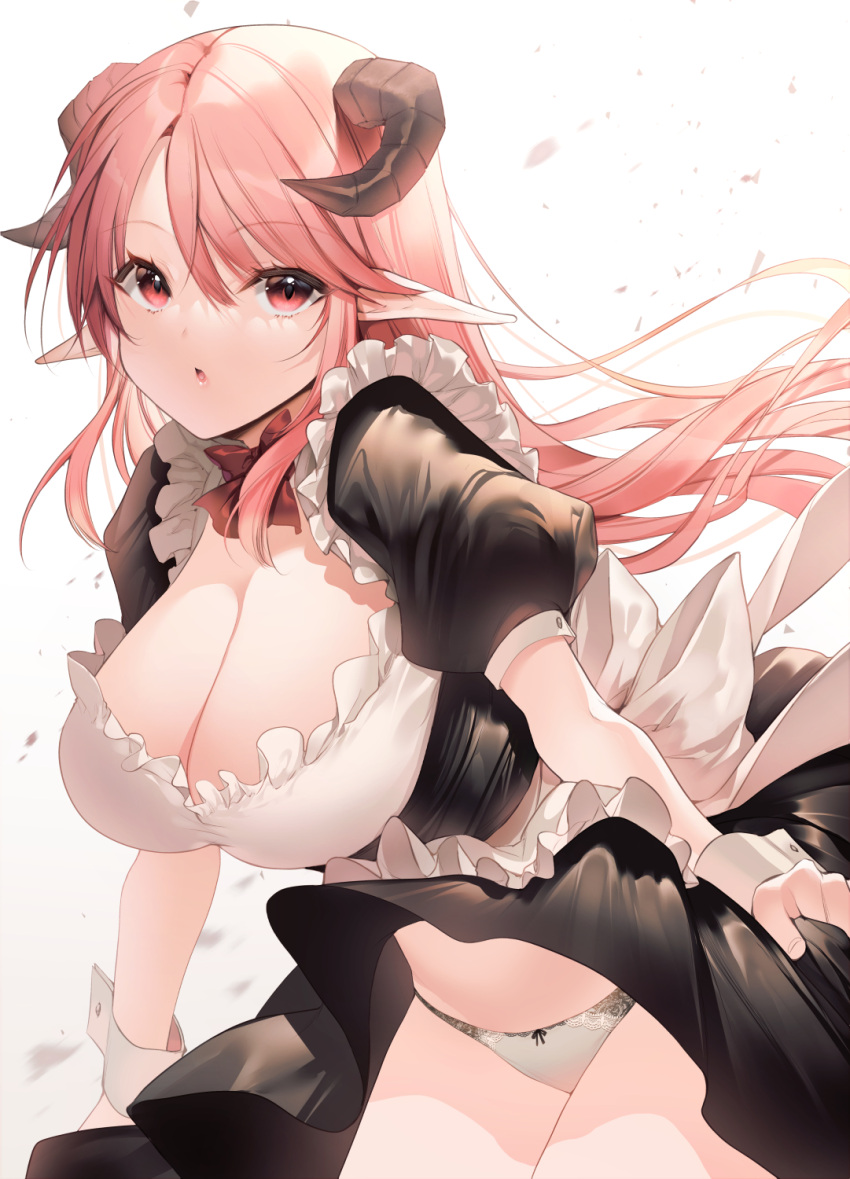 :o apron bad_id bad_pixiv_id black_dress bow breasts cleavage clothes_lift demon_girl demon_horns dot_nose dress dress_lift dutch_angle female frilled_dress frills hair_between_eyes highres horns kurumi_moka lace-trimmed_panties lace_trim large_breasts leaning_forward lifting_own_clothes long_hair looking_at_viewer maid maid_apron midriff_peek neck_ribbon open_mouth original panties pantyshot parted_lips petals pink_eyes pink_hair pleated_dress pointy_ears red_ribbon ribbon sidelocks simple_background solo standing two-tone_dress underwear white_background white_bow white_dress white_panties white_ribbon wrist_cuffs