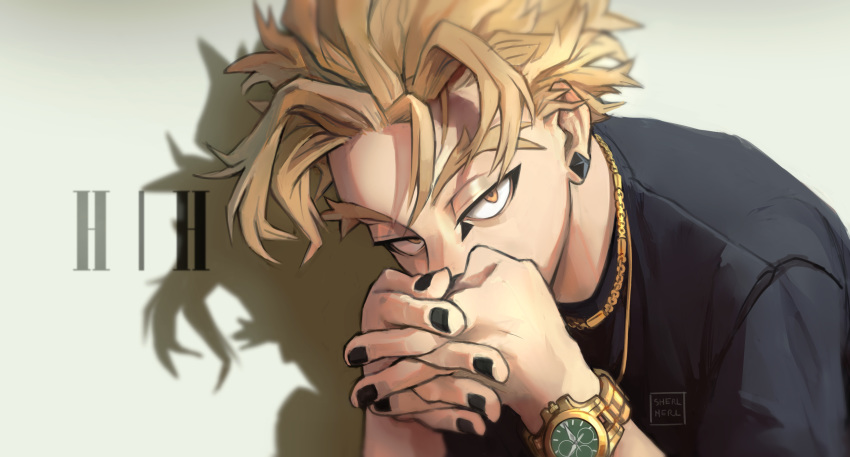 1boy absurdres artist_name bangs black_nails black_shirt blonde_hair blurry boku_no_hero_academia chain_necklace covered_mouth depth_of_field earrings facepaint half-closed_eyes highres interlocked_fingers jewelry leaning_forward looking_at_viewer makeup mascara messy_hair nail_polish necklace orange_eyes shadow sherl_merl shirt signature simple_background stud_earrings t-shirt takami_keigo thick_eyebrows upper_body watch wristwatch