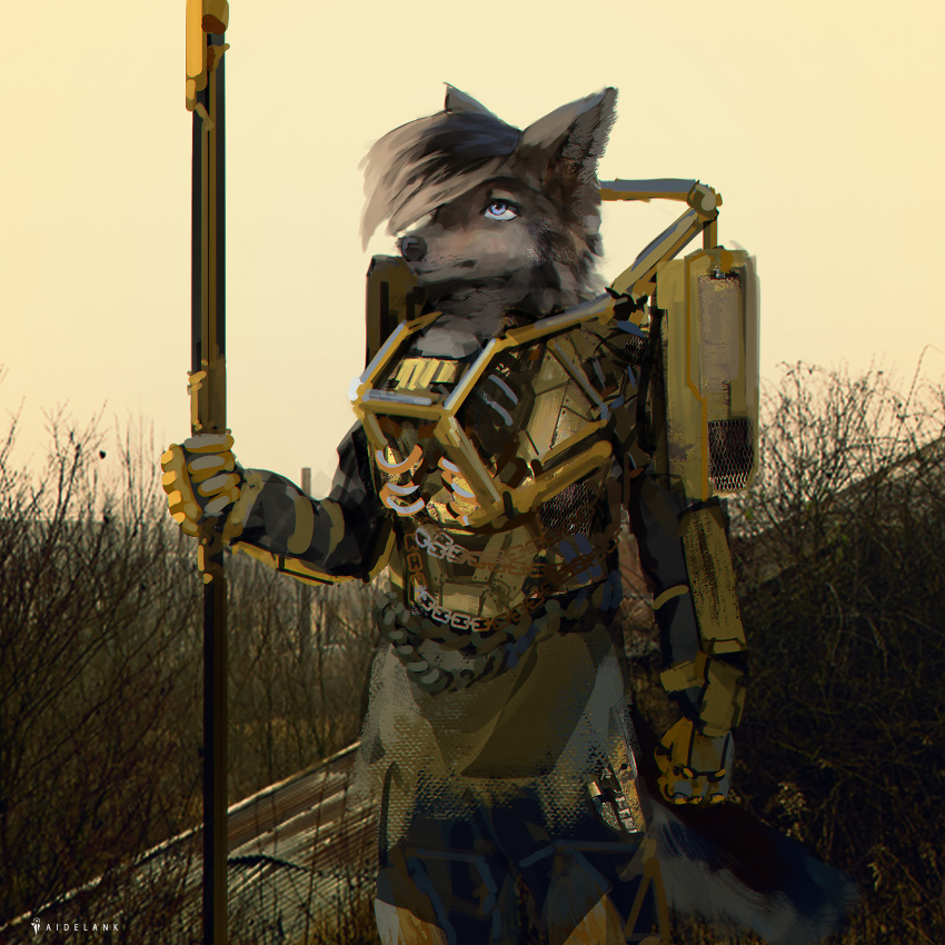 1:1 absurd_res aidelank anthro armor blue_eyes brown_body brown_fur brown_hair canid canine chains exoskeleton foshka fur hair hi_res holding_object holding_weapon looking_forward machine male mammal maned_wolf mechanical_arm melee_weapon mouth_closed power_armor solo staff tan_body tan_fur tan_hair wasteland weapon