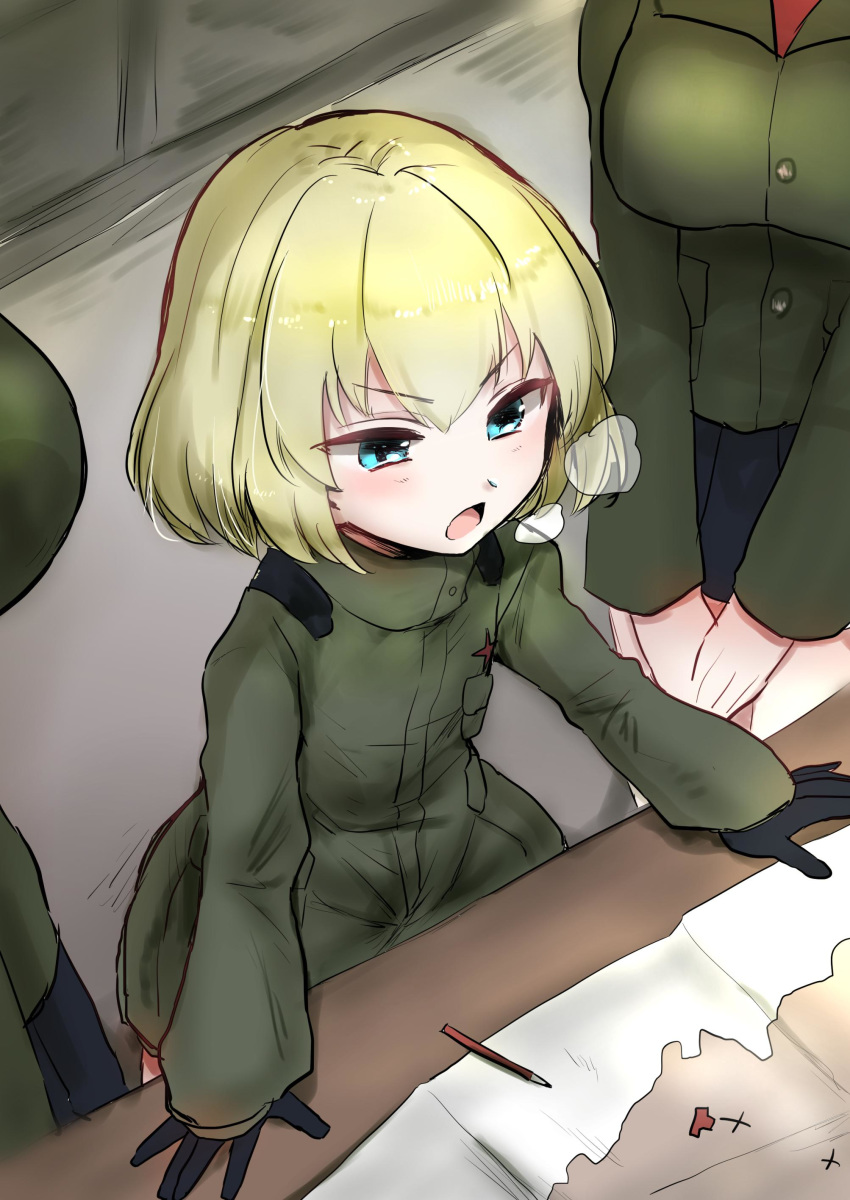 3girls absurdres arm_support black_gloves black_skirt blonde_hair blue_eyes breath commentary emilio_(tetsukazu_no_ao) frown girls_und_panzer gloves green_jacket green_jumpsuit highres insignia jacket jumpsuit katyusha_(girls_und_panzer) leaning_forward long_sleeves map miniskirt multiple_girls one-hour_drawing_challenge open_mouth out_of_frame pencil_skirt pleated_skirt pravda_military_uniform pravda_school_uniform red_shirt school_uniform shirt short_hair short_jumpsuit skirt v-shaped_eyebrows v_arms