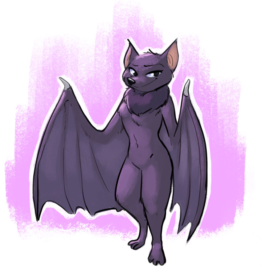 2019 anthro bat bat_wings cheek_tuft chest_tuft deke_(ittybittykittytittys) facial_tuft female fuel_(artist) half-closed_eyes head_tuft hi_res knee_tuft leg_tuft looking_at_viewer mammal megabat membrane_(anatomy) membranous_wings mtf_crossgender narrowed_eyes nude outline pink_background rule_63 simple_background solo spread_wings standing tuft white_background white_outline wings