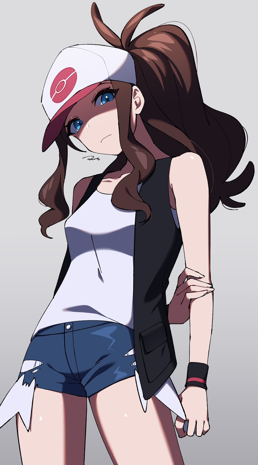 antenna_hair arm_behind_back bad_id bad_twitter_id baseball_cap black_vest black_wristband blue_eyes breasts brown_hair closed_mouth collarbone commentary denim denim_shorts eyelashes female from_below hat high_ponytail highres hilda_(pokemon) holding holding_poke_ball koyama_miki long_hair open_clothes open_vest poke_ball pokemon pokemon_bw shirt short_shorts shorts sidelocks signature sleeveless sleeveless_shirt solo symbol-only_commentary vest white_shirt wristband