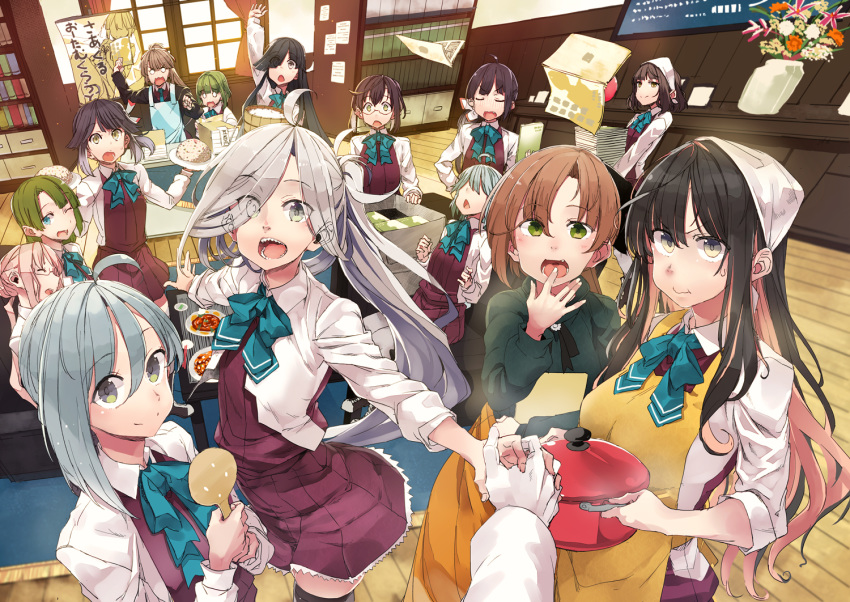 6+girls :d :o ;d admiral_(kancolle) ahoge akigumo_(kancolle) apron asashimo_(kancolle) asymmetrical_bangs black_hair blue_bow blue_bowtie blue_eyes bob_cut bow bowtie breasts brown_eyes brown_hair closed_eyes cooking_pot dress facing_viewer flower food fujinami_(kancolle) glasses green_eyes green_hair green_sweater grey_eyes grey_hair hair_between_eyes hair_over_eyes hair_over_one_eye hair_ribbon halterneck hamanami_(kancolle) hayanami_(kancolle) hayashimo_(kancolle) hidori_(hibi_toridori) holding holding_cooking_pot holding_food holding_paper holding_spoon indoors kantai_collection kazagumo_(kancolle) kishinami_(kancolle) kiyoshimo_(kancolle) large_breasts long_hair long_skirt long_sleeves looking_at_viewer makigumo_(kancolle) multicolored_hair multiple_girls naganami_(kancolle) okinami_(kancolle) one_eye_closed open_mouth orange_apron orange_skirt pantyhose paper pink_hair pleated_dress ponytail pout purple_dress purple_hair purple_legwear ribbon rice school_uniform sharp_teeth shirt short_hair side_ponytail skirt sleeping sleeveless sleeveless_dress sleeves_pushed_up smile spoon sweater takanami_(kancolle) teeth thighhighs vase very_long_hair wavy_hair white_ribbon white_shirt yellow_eyes yuugumo_(kancolle)