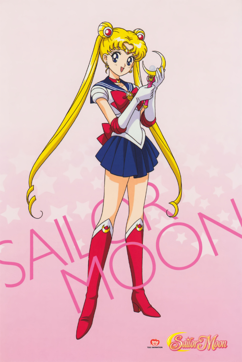 1990s_(style) :d back_bow bishoujo_senshi_sailor_moon bishoujo_senshi_sailor_moon_(first_season) blonde_hair blue_eyes blue_sailor_collar blue_skirt boots bow character_name choker copyright_name crescent crescent_earrings double_bun earrings elbow_gloves female full_body gloves hair_bun highres holding holding_wand jewelry knee_boots leotard logo long_hair looking_at_viewer maboroshi_no_ginzuishou magical_girl marco_albiero miniskirt moon_stick_(sailor_moon) non-web_source official_art open_mouth pink_background pink_footwear pleated_skirt red_bow red_choker retro_artstyle sailor_collar sailor_moon sailor_senshi_uniform skirt smile solo standing starry_background tiara transformation_brooch_(sailor_moon) tsukino_usagi twintails very_long_hair wand white_gloves