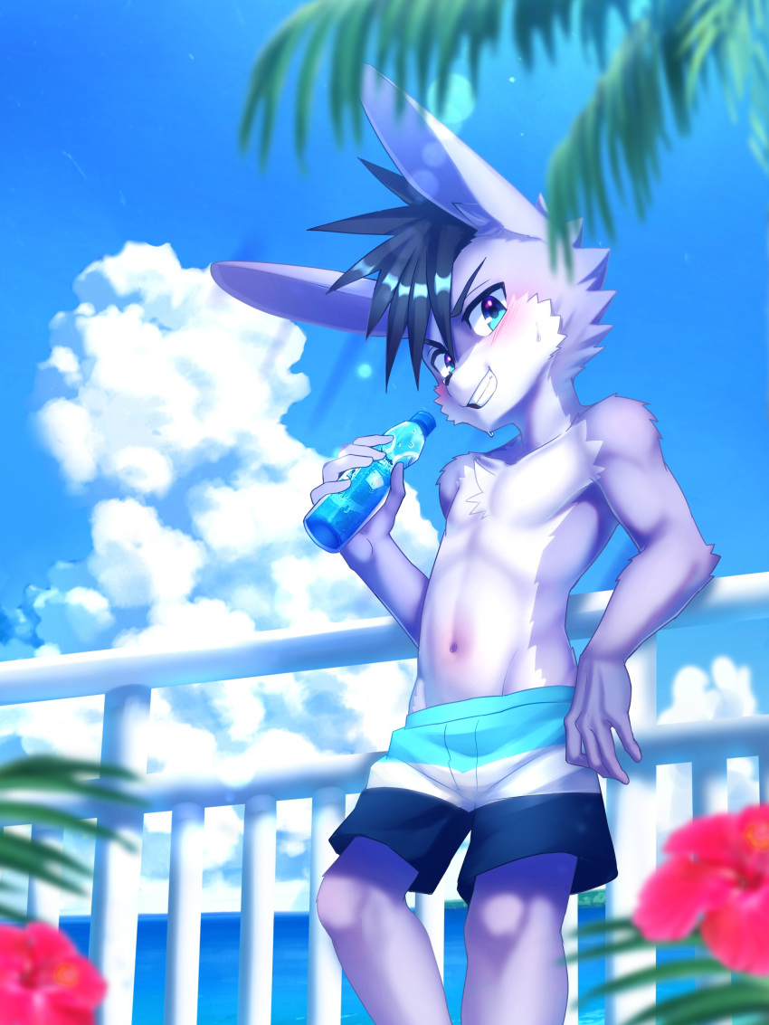 absurd_res adolescent anthro athletic athletic_anthro athletic_male blush bodily_fluids bottle clothed clothing container hi_res kemono lagomorph leporid male mammal manadezimon muscular muscular_young rabbit solo sweat swimming_trunks swimwear topless v-cut water_bottle young young_anthro