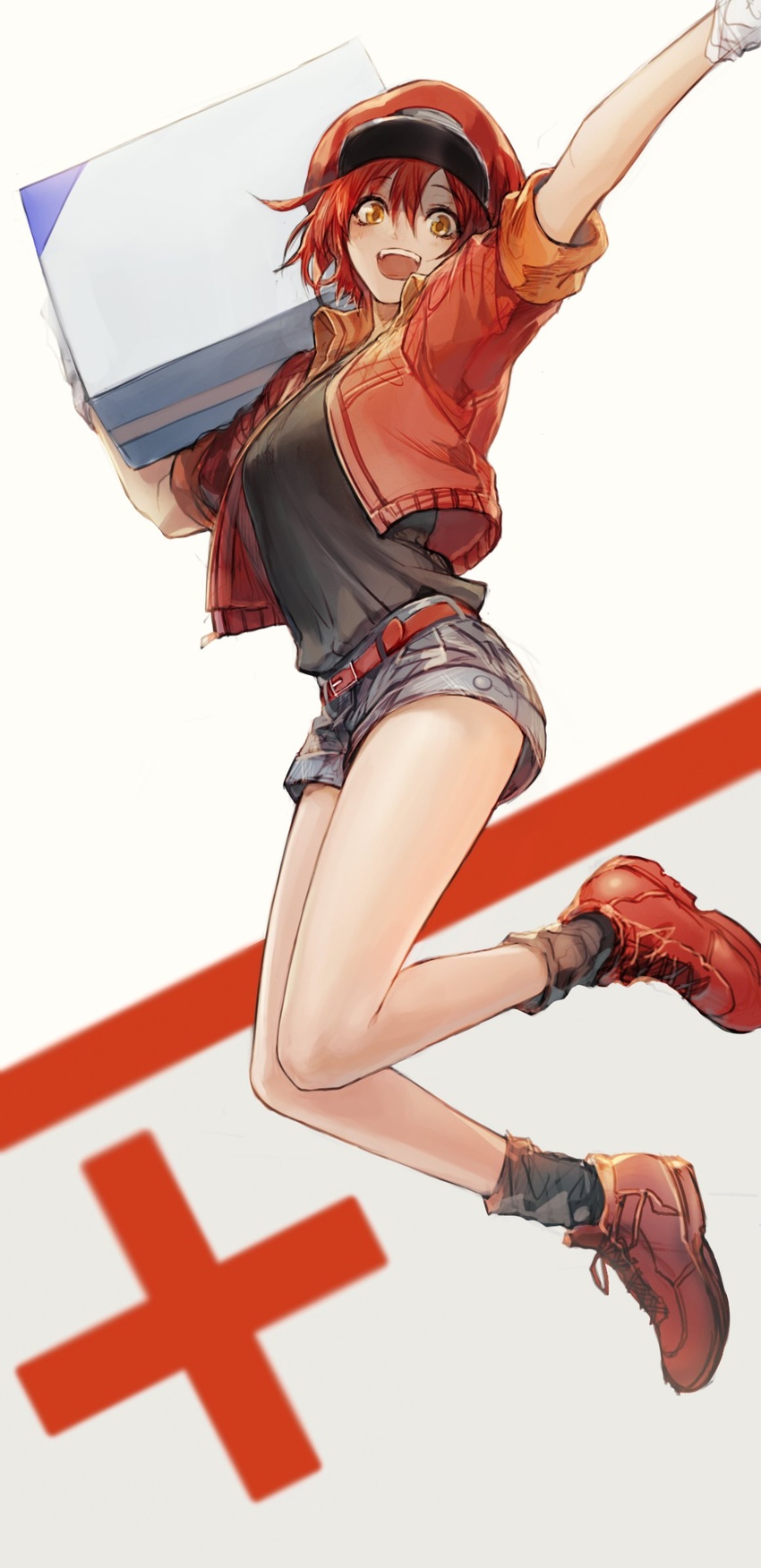 :d ae-3803 arm_up black_shirt black_socks box cabbie_hat cross female full_body gloves haban_(haban35) hair_between_eyes hat hataraku_saibou highres holding holding_box jacket jumping looking_at_viewer open_mouth red_blood_cell_(hataraku_saibou) red_cross red_footwear red_hair red_hat red_jacket shirt shoes short_hair short_shorts shorts simple_background sleeves_rolled_up smile socks solo white_background white_gloves yellow_eyes