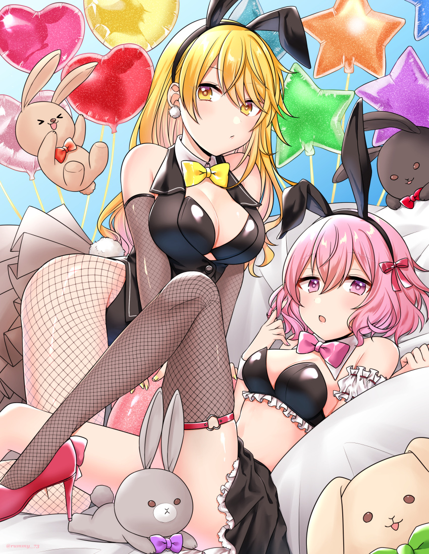 1boy absurdres animal_costume animal_ears balloon blonde_hair bow bowtie breasts doll female heart_balloon highres indie_utaite looking_at_viewer nqrse open_mouth pillow pink_eyes pink_hair playboy_bunny rabbit_boy rabbit_ears rummy_73 senko_(urashimasakatasen) senra_(utaite) short_hair simple_background skirt star_balloon urashimasakatasen utaite