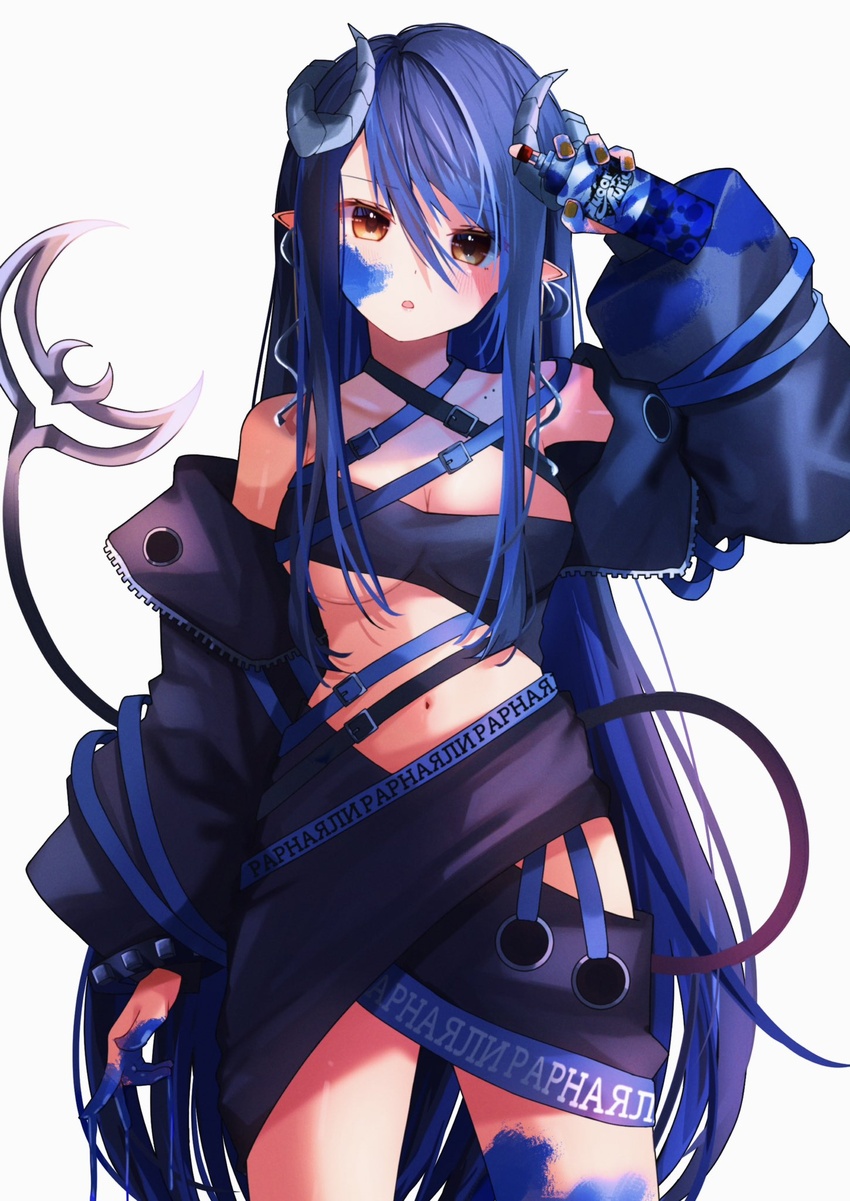 bandeau belt black_bandeau black_belt black_hair black_jacket black_skirt blue_belt blue_hair blush breasts brown_eyes can chest_belt cleavage collarbone commentary_request cowboy_shot curled_horns demon_girl demon_horns demon_tail female grey_horns hair_between_eyes hebiyoi_tier hebiyoi_tier_(1st_costume) highres holding holding_can horns jacket long_hair long_sleeves looking_at_viewer medium_breasts multicolored_hair nanashi_inc. navel off_shoulder open_clothes open_jacket open_mouth paint_on_clothes paint_on_fingers pointy_ears sidelocks simple_background skirt snake_bite solo spray_can sugar_lyric tail temari_maco two-tone_hair very_long_hair virtual_youtuber white_background