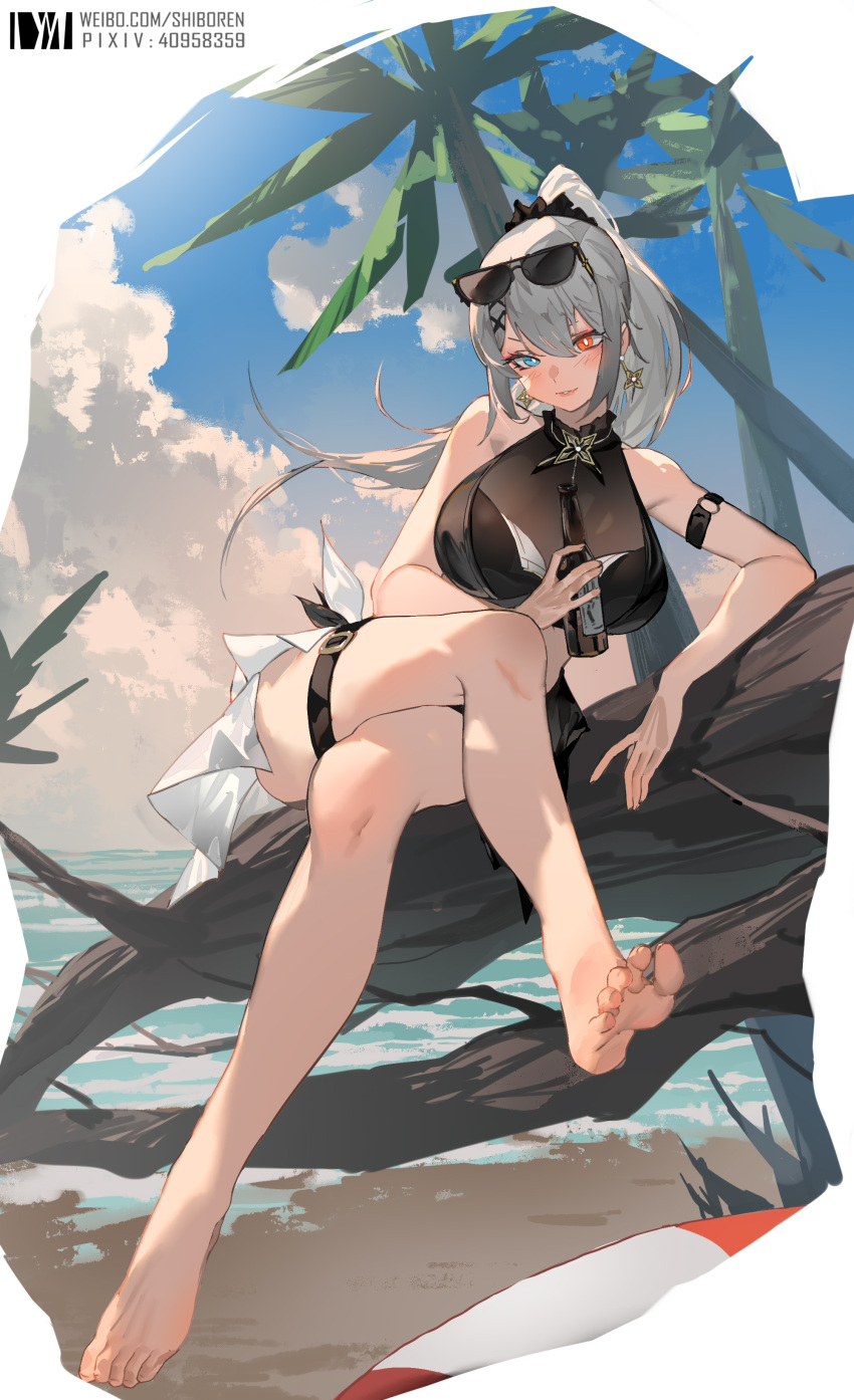 absurdres aether_gazer arm_strap bare_legs barefoot beach blue_eyes blush bottle breasts commentary_request crossed_legs dm_(dai_miao) earrings eyewear_on_head feet female floating_hair full_body grey_hair hair_ornament hair_scrunchie heterochromia highres holding holding_bottle in_tree jewelry kotachi_(aether_gazer) large_breasts legs long_hair outdoors parted_lips ponytail red_eyes scrunchie sitting sitting_in_tree soles solo sunglasses thigh_strap toes tree