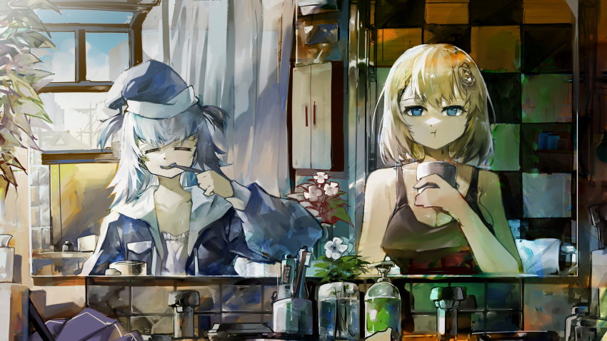 2girls absurdres alternate_costume bare_shoulders bathroom black_camisole blonde_hair blue_eyes blue_hair blue_headwear blue_pajamas bob_cut breasts brushing_teeth camisole closed_eyes commentary cup gargling gawr_gura grey_hair hair_ornament hat highres holding holding_cup holding_toothbrush hololive hololive_english long_sleeves looking_at_mirror medium_hair mirror multicolored_hair multiple_girls nightcap pajamas shirt short_hair side_ponytail sink sleepwear standing streaked_hair toothbrush toothpaste two_side_up virtual_youtuber vyragami watson_amelia white_shirt window