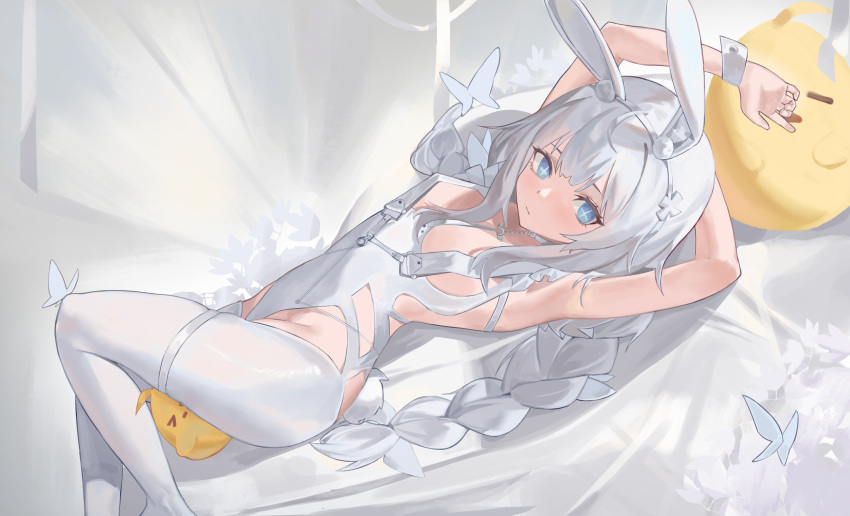 absurdres animal_ears armpits arms_behind_head arms_up azur_lane bed_sheet bird blue_eyes blunt_bangs chick commentary fake_animal_ears female hair_between_eyes hairband highleg highleg_leotard highres jia_ma knee_up le_malin_(azur_lane) le_malin_(listless_lapin)_(azur_lane) leotard long_hair looking_at_viewer low_twintails lying manjuu_(azur_lane) official_alternate_costume on_back rabbit_ears sidelocks sleeveless symbol-shaped_pupils twintails white_hair