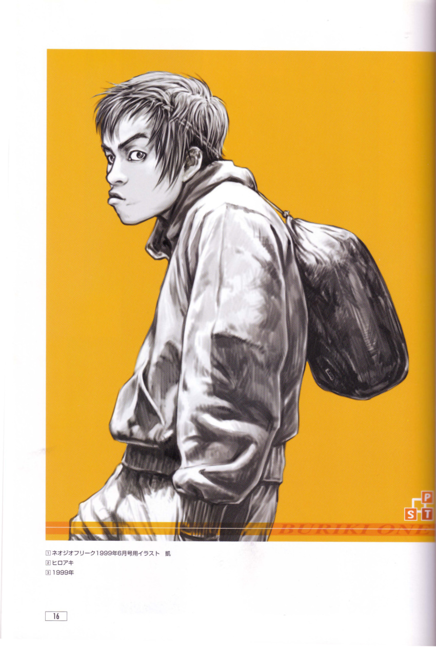 1boy absurdres bag buriki_one copyright_name highres hiroaki_(kof) jacket lips looking_at_viewer looking_back male_focus monochrome official_art orange_background photoshop_(medium) profile scan simple_background snk solo tendou_gai upper_body