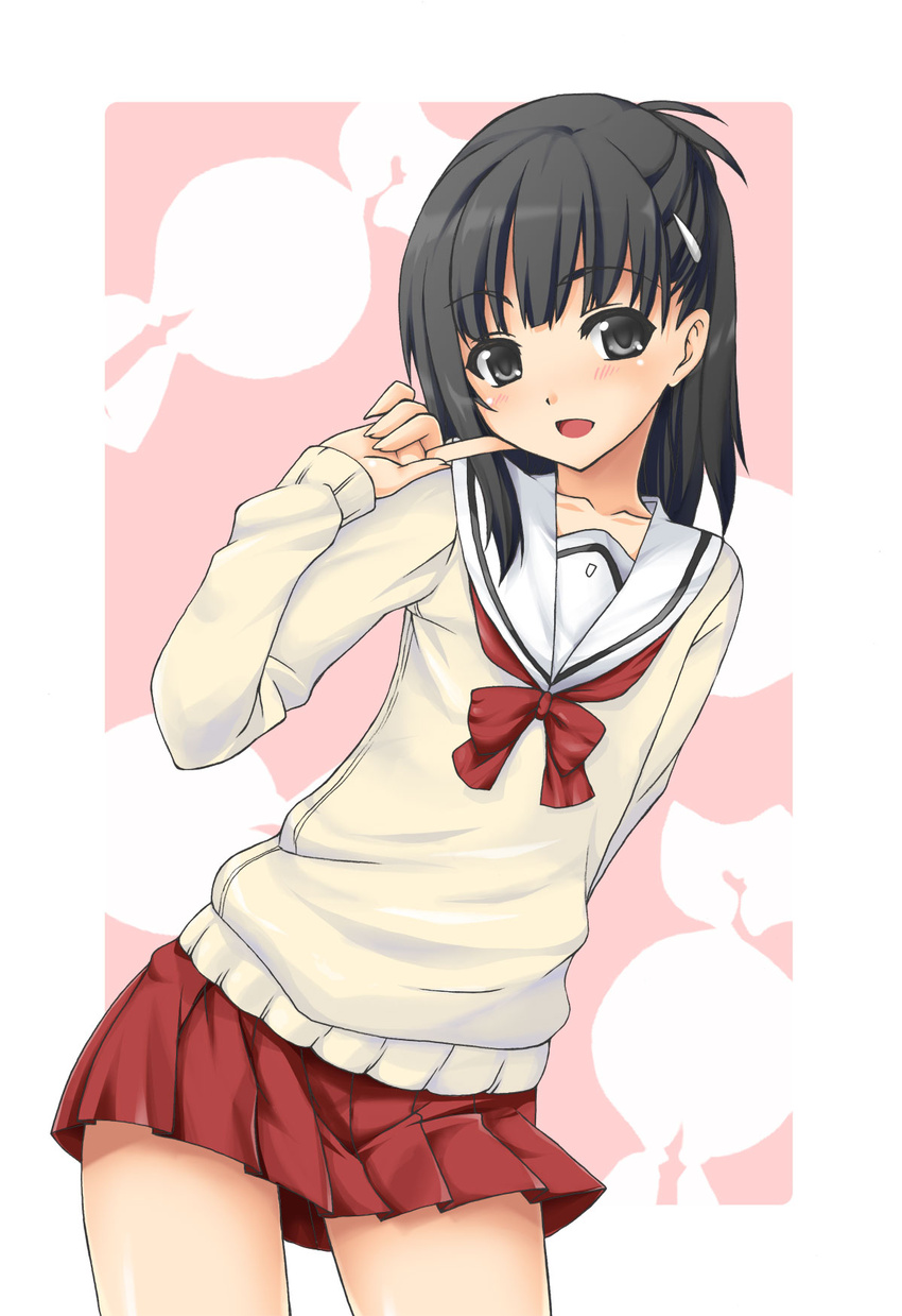 1boy aikawa_kizuna asymmetrical_hair black_eyes black_hair blush commentary_request finger_to_face flat_chest hair_ornament hairclip half_updo highres male_focus mushi024 otoko_no_ko prunus_girl school_uniform seductive_smile skirt smile solo standing sweater