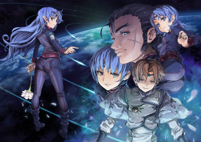 2boys 3girls aqua_eyes ass bad_id bad_pixiv_id belt black_hair blue_eyes blue_hair bodysuit boots brooch brown_hair circlet earth_(planet) ekuryua everyone floating_hair flower from_behind gem gloves glowing jewelry jinto lafiel long_hair looking_back lying meteor military military_uniform multiple_boys multiple_girls on_side parted_bangs petals photoshop_(medium) planet pointing pointy_ears samson_bolge_tilsal_tiluse scar science_fiction seikai_no_senki short_hair sideburns skin_tight smile sobaash_weh_dowl_yuse space standing uniform very_long_hair yuugen