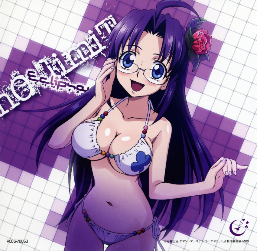 :d adjusting_eyewear ahoge album_cover artist_request basquash! bikini blue_eyes blush body_blush breasts cleavage cover female fingernails flower glasses hair_flower hair_ornament highres large_breasts long_hair navel open_mouth purple_hair side-tie_bikini_bottom smile solo swimsuit thigh_gap underboob violette_(basquash)