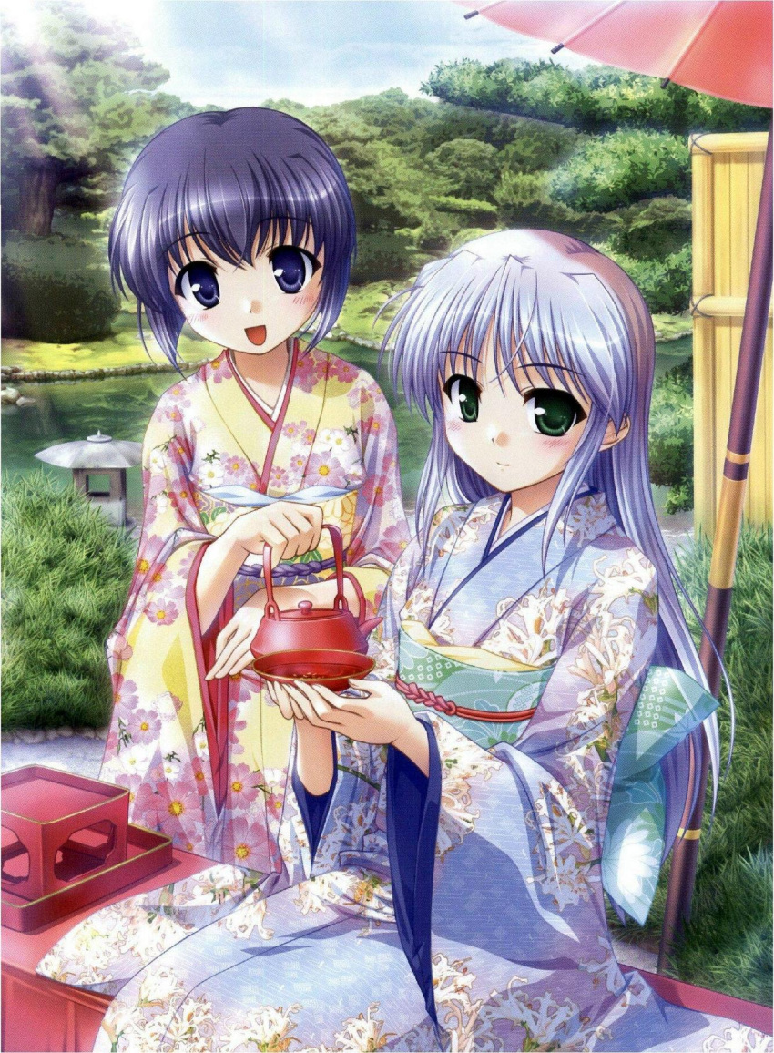 2girls bekkankou feena_fam_earthlight green_eyes highres japanese_clothes kettle kimono long_hair mia_clementis multiple_girls purple_eyes short_hair yoake_mae_yori_ruri_iro_na