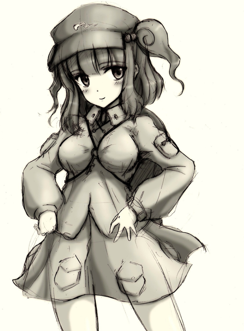 commentary_request female hat highres kawashiro_nitori monochrome photoshop_(medium) solo touhou two_side_up wakame